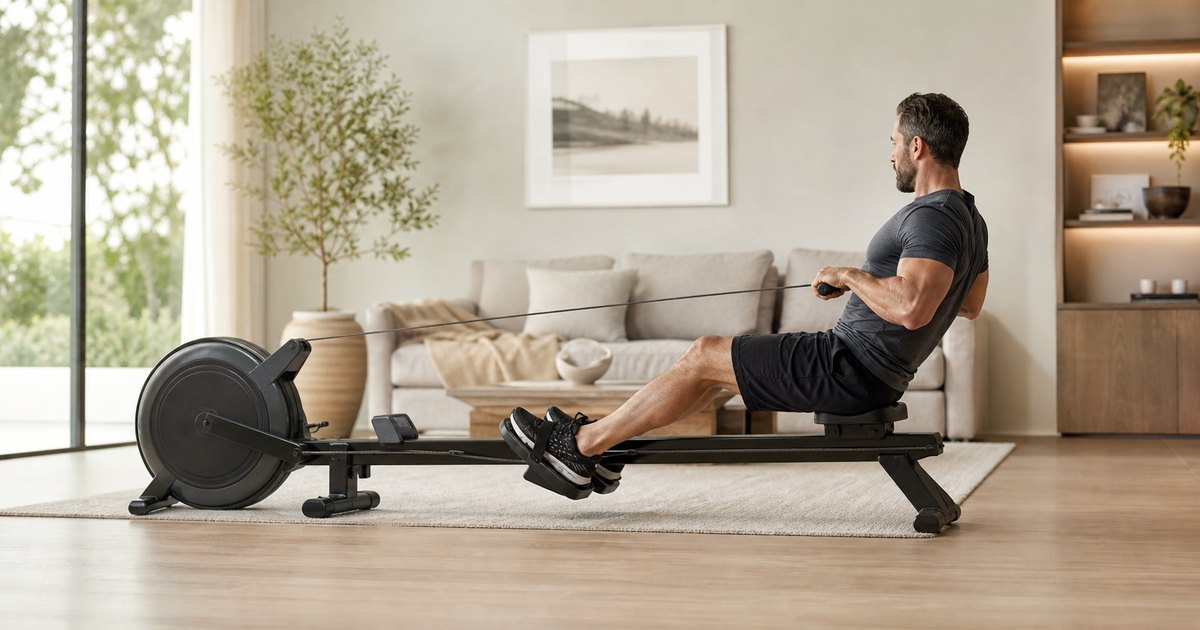 Hombre remando en una máquina de remo en el salón de casa