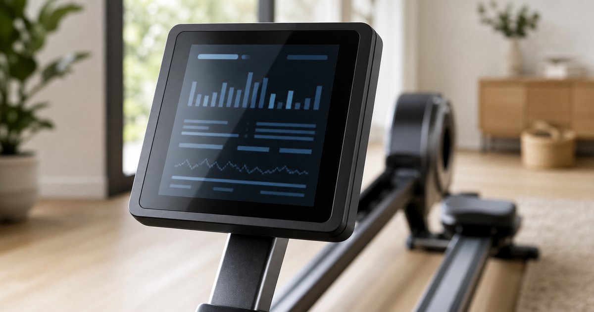 Monitor de una máquina de remo mostrando datos de entrenamiento