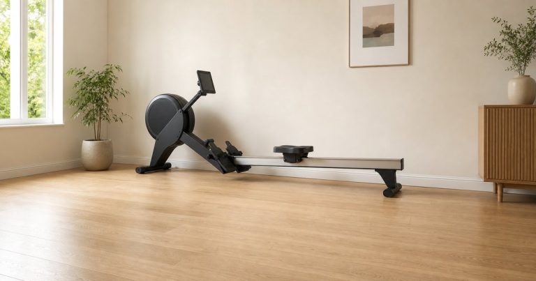 Máquina de remo colocada junto a la pared de una habitación luminosa