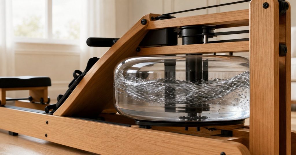 Depósito de agua de una máquina de remo de madera con el agua en movimiento