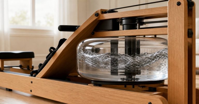 Depósito de agua de una máquina de remo de madera con el agua en movimiento